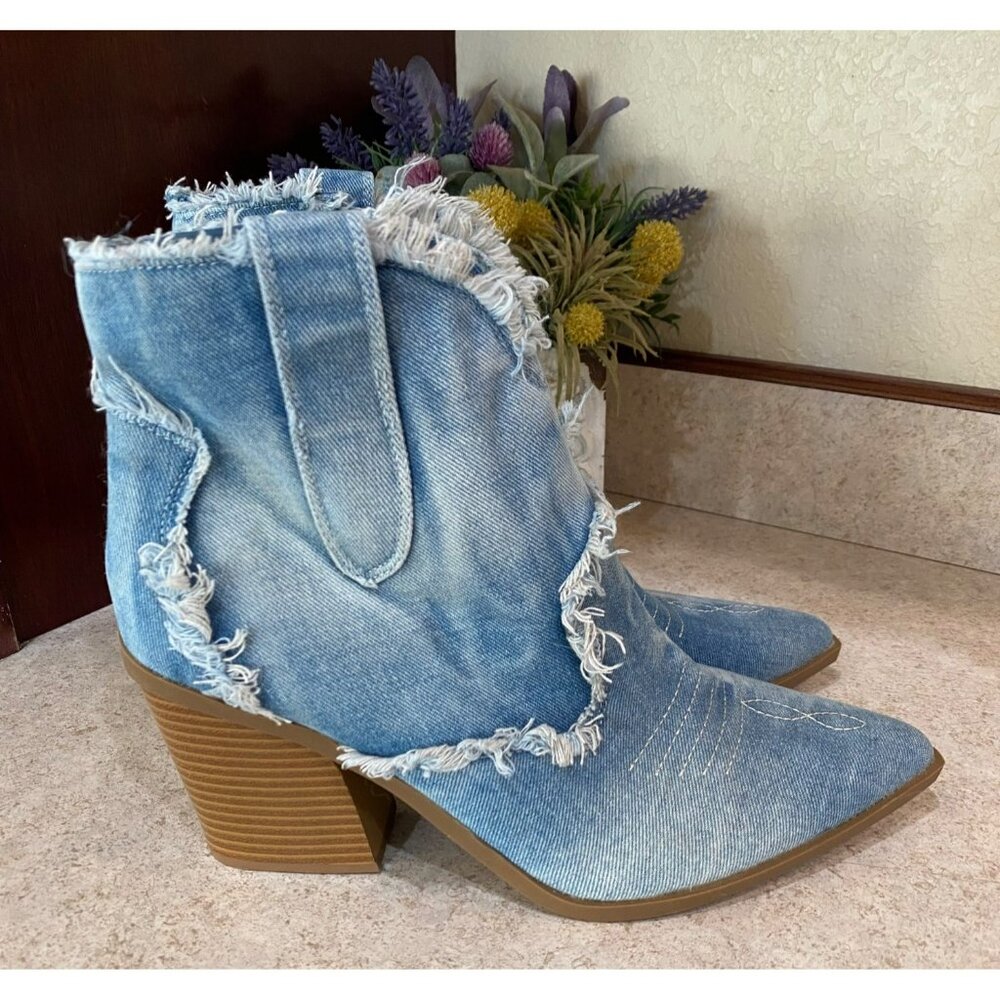 Distressed Denim Ankle Boots With Chunky Heels & Zipper Closure - Picture 2 of 11
